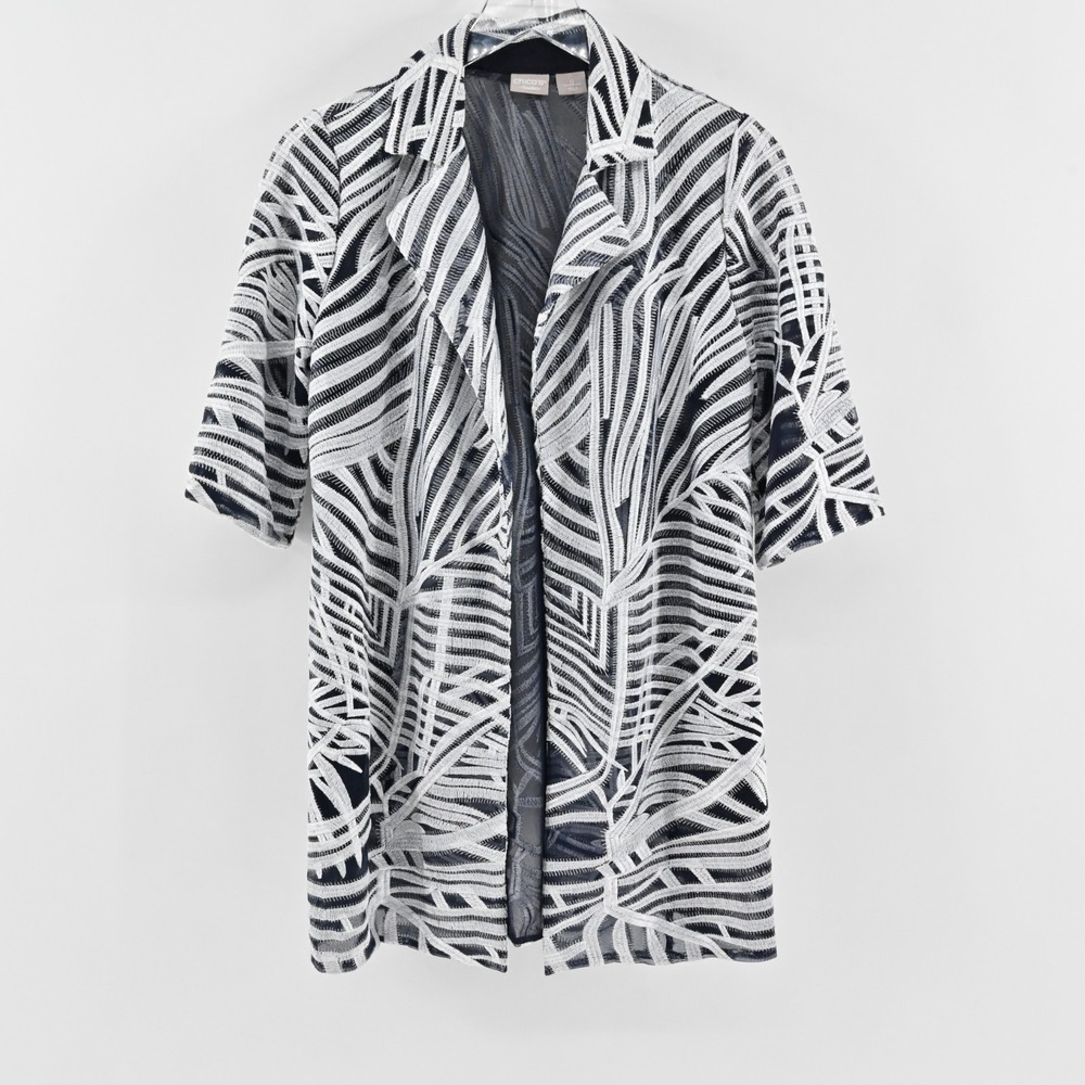 Chicos Womens Travelers Open Front Jacket Size S‎ Navy Silver Embroidered Print
